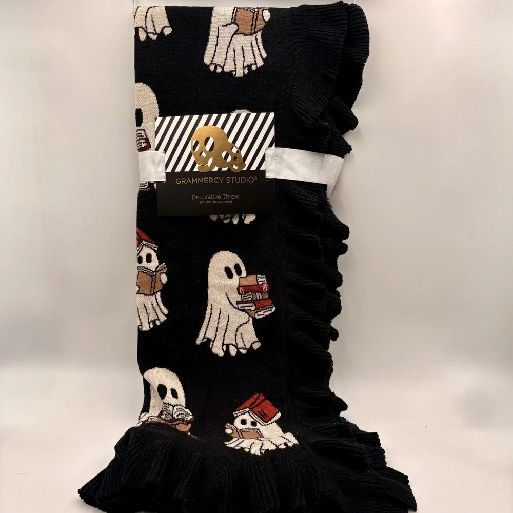Grammercy Studio Ghost Reading Books Ruffle Blanket Black Halloween Bibliophile